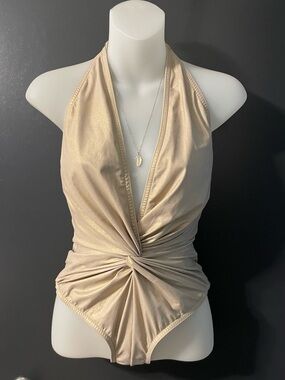 Karla Colletto Gold Twist Front Halter One Piece Swimsuit Size 8